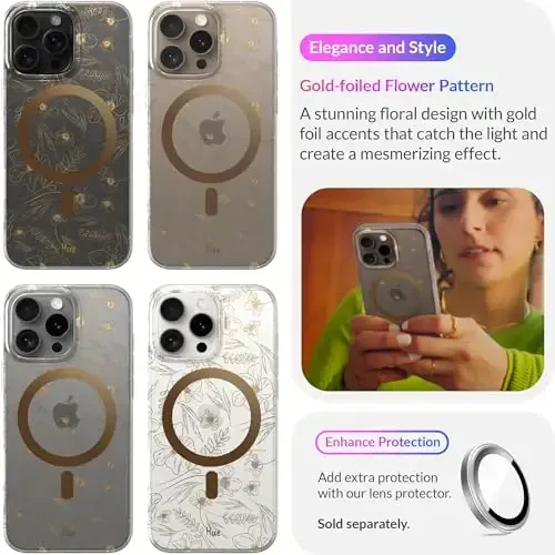 LONLI Hue - iPhone 16 Pro uchun magnitli g'ilof - [Magsafe bilan mos] - [360° zarbani yutuvchi bamper] - [Qizlar va ayollar uchun yoqimli va noyob telefon qopqog'i] - Oltin gul naqshli - 3