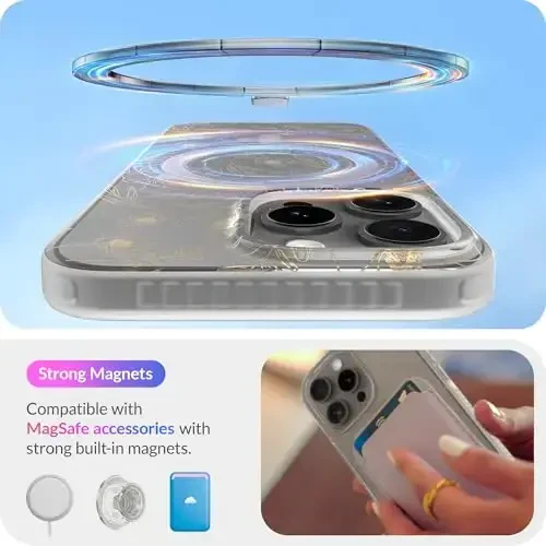 LONLI Hue - iPhone 16 Pro uchun magnitli g'ilof - [Magsafe bilan mos] - [360° zarbani yutuvchi bamper] - [Qizlar va ayollar uchun yoqimli va noyob telefon qopqog'i] - Oltin gul naqshli - 4