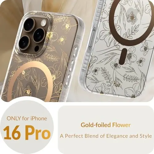 LONLI Hue - iPhone 16 Pro uchun magnitli g'ilof - [Magsafe bilan mos] - [360° zarbani yutuvchi bamper] - [Qizlar va ayollar uchun yoqimli va noyob telefon qopqog'i] - Oltin gul naqshli - LONLI (1)