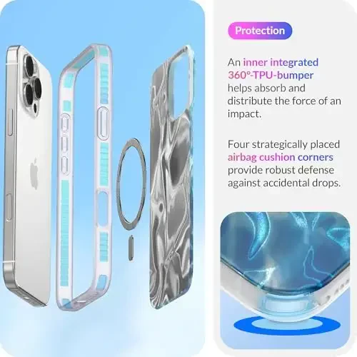 LONLI Hue - iPhone 16 Pro uchun magnitli g'ilof - [Magsafe bilan mos keladi] - [360° zarbani yutuvchi bamper] - [Qizlar va ayollar uchun chiroyli va noyob telefon qopqog'i] - Moviy gul - 4