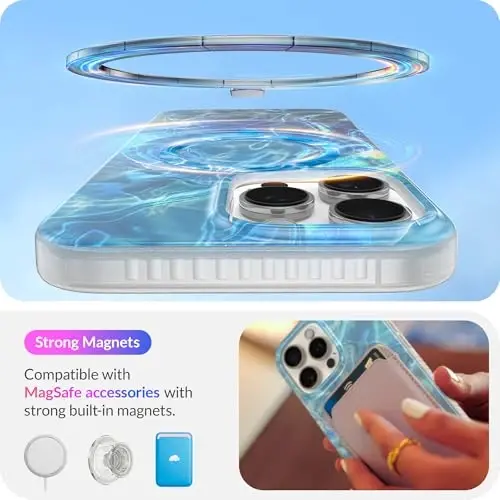 LONLI Hue - iPhone 16 Pro uchun magnitli g'ilof - [Magsafe bilan mos keladi] - [360° zarbani yutuvchi bamper] - [Qizlar va ayollar uchun chiroyli va noyob telefon qopqog'i] - Moviy gul - 3