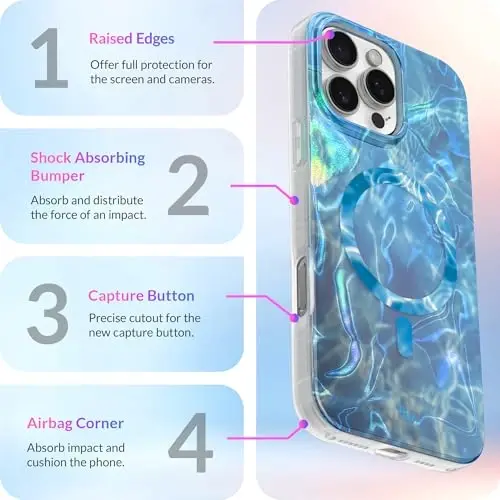 LONLI Hue - iPhone 16 Pro uchun magnitli g'ilof - [Magsafe bilan mos keladi] - [360° zarbani yutuvchi bamper] - [Qizlar va ayollar uchun chiroyli va noyob telefon qopqog'i] - Moviy gul - 6