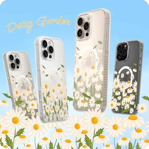 LONLI Hue - iPhone 16 Pro uchun magnitli g'ilof - [Magsafe bilan mos keladi] - [360° zarbani yutuvchi bamper] - [Qizlar va ayollar uchun yoqimli va noyob telefon qopqog'i] - Daisy Garden - 2