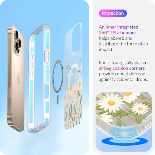 LONLI Hue - iPhone 16 Pro uchun magnitli g'ilof - [Magsafe bilan mos keladi] - [360° zarbani yutuvchi bamper] - [Qizlar va ayollar uchun yoqimli va noyob telefon qopqog'i] - Daisy Garden - 4
