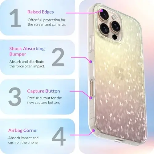LONLI Hue - iPhone 16 Pro uchun Prismatic Rainbow Diamond Facet Sparkling Phone Case - [Sparkle Glow Finish, Luxe Glitter Protection] - [360° zarbani yutuvchi Bumper] - iPhone 16 Pro uchun - 6