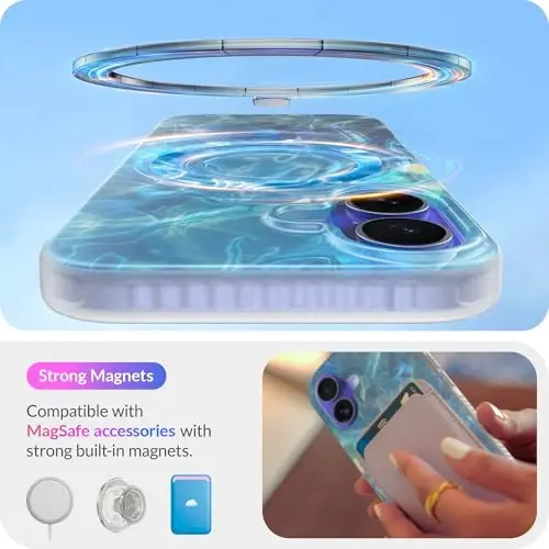 LONLI Hue - iPhone 16 uchun magnitli g'ilof - [Magsafe bilan mos] - [360° zarbani yutuvchi bamper] - [Qizlar va ayollar uchun yoqimli va noyob telefon qopqog'i] - Okean to'lqini - 3