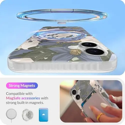 LONLI Hue - iPhone 16 uchun magnitli g'ilof - [Magsafe bilan mos keladi] - [360° zarbani yutuvchi bamper] - [Qizlar va ayollar uchun yoqimli va noyob telefon qopqog'i] - Moviy gul - 3