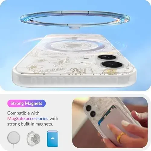 LONLI Hue - iPhone 16 uchun magnitli g'ilof - [Magsafe bilan mos keladi] - [360° zarbani yutuvchi bamper] - [Qizlar va ayollar uchun yoqimli va noyob telefon qopqog'i] - Oltin gul naqshli - 4