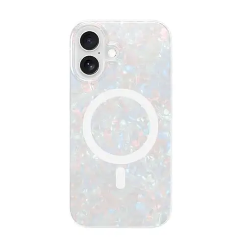 LONLI Hue - iPhone 16 uchun magnitli g'ilof - [Magsafe bilan mos keladi] - [360° zarbani yutuvchi bamper] - [Qizlar va ayollar uchun yoqimli va noyob telefon qopqog'i] - Oq marvarid toshbaqa 
