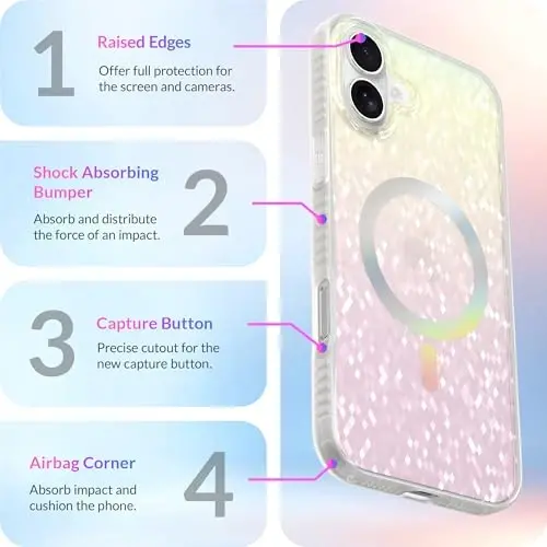 LONLI Hue - iPhone 16 uchun Prismatic Rainbow Diamond Facet Sparkling Magnetic Phone Case - [Magsafe bilan mos] - [Sparkle Glow Finish, Luxe Glitter Protection] - iPhone 16 uchun - LONLI (1)