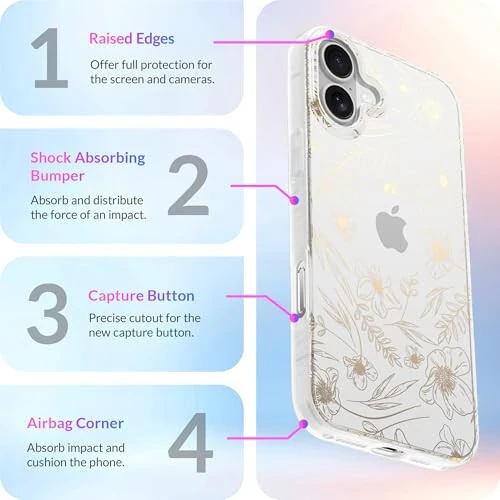 LONLI Hue - iPhone 16 uchun qopqoq - Oltin rangli gulli telefon qopqog'i - [360° zarba beruvchi bamper] - Qizlar va ayollar uchun yoqimli, noyob va estetik telefon qopqog'i - 6