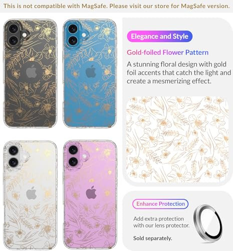 LONLI Hue - iPhone 16 uchun qopqoq - Oltin rangli gulli telefon qopqog'i - [360° zarba beruvchi bamper] - Qizlar va ayollar uchun yoqimli, noyob va estetik telefon qopqog'i - 3