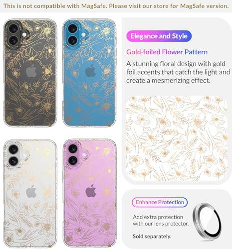 LONLI Hue - iPhone 16 uchun qopqoq - Oltin rangli gulli telefon qopqog'i - [360° zarba beruvchi bamper] - Qizlar va ayollar uchun yoqimli, noyob va estetik telefon qopqog'i - 3