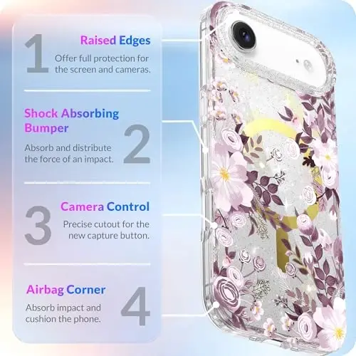 LONLI Hue - iPhone 17 Air Magnit G‘ilof uchun - [Magsafe bilan mos keladi] - [Oltin Halqa] - Qizlar va Ayollar uchun Shaffof Yoqimli Zarbaga Chidamli Himoya Telefon G‘ilofi - Binafsha Gul - 4