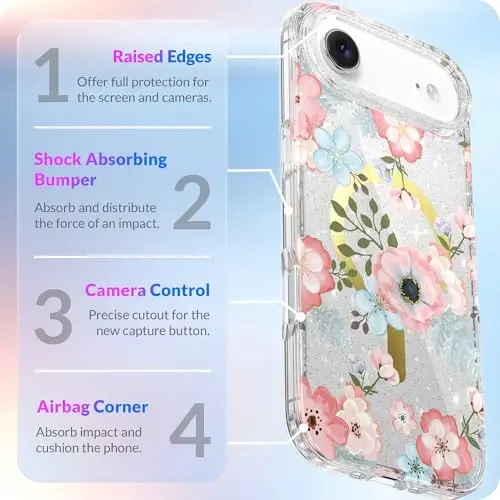LONLI Hue - iPhone 17 Air Magnit G'ilof uchun - [Magsafe bilan mos keladi] - [Oltin Halqa] - Qizlar va Ayollar uchun Shaffof Yoqimli Zarbaga Chidamli Himoya Telefon Qopqog'i - Muzli Gulli - 4