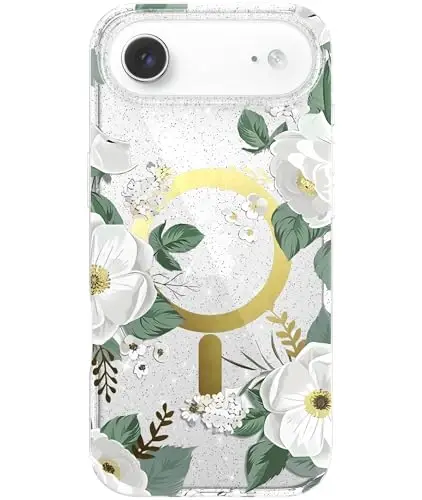 LONLI Hue - iPhone 17 Air Manyetik Kılıf için - [Magsafe ile Uyumlu] - [Altın Halka] - Kızlar ve Kadınlar için Şeffaf Sevimli Darbeye Dayanıklı Koruyucu Telefon Kılıfı - Beyaz Flora 