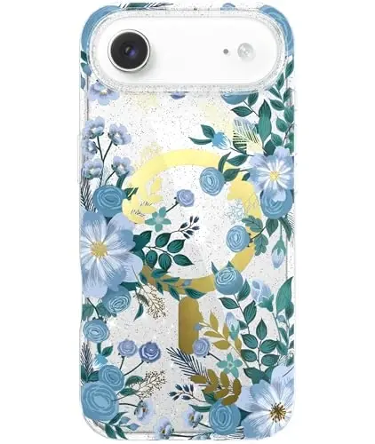 LONLI Hue - iPhone 17 Air Manyetik Kılıf için - [Magsafe ile Uyumlu] - [Altın Halka] - Kızlar ve Kadınlar için Şeffaf Sevimli Darbeye Dayanıklı Koruyucu Telefon Kılıfı - Mavi Flora 