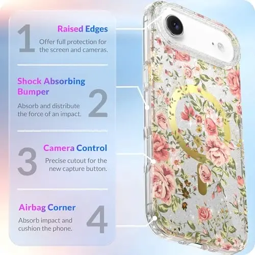 LONLI Hue - iPhone 17 Air Manyetik Kılıf için - [Magsafe ile Uyumlu] - [Altın Halka] - Kızlar ve Kadınlar için Şeffaf Sevimli Darbeye Dayanıklı Koruyucu Telefon Kılıfı - Pembe Bahçe - 4