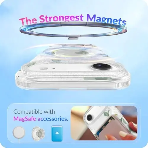 LONLI Hue - iPhone 17 Air uchun magnit g‘ilof - [Magsafe bilan mos keladi] - [Oltin halqa] - Qizlar va ayollar uchun shaffof, yoqimli, zarbaga chidamli himoya telefon g‘ilofi - Oq Flora - 3
