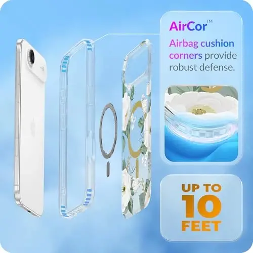 LONLI Hue - iPhone 17 Air uchun magnit g‘ilof - [Magsafe bilan mos keladi] - [Oltin halqa] - Qizlar va ayollar uchun shaffof, yoqimli, zarbaga chidamli himoya telefon g‘ilofi - Oq Flora - 4