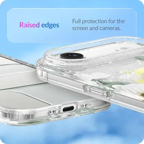 LONLI Hue - iPhone 17 Air uchun magnit g‘ilof - [Magsafe bilan mos keladi] - [Oltin halqa] - Qizlar va ayollar uchun shaffof, yoqimli, zarbaga chidamli himoya telefon g‘ilofi - Oq Flora - 5