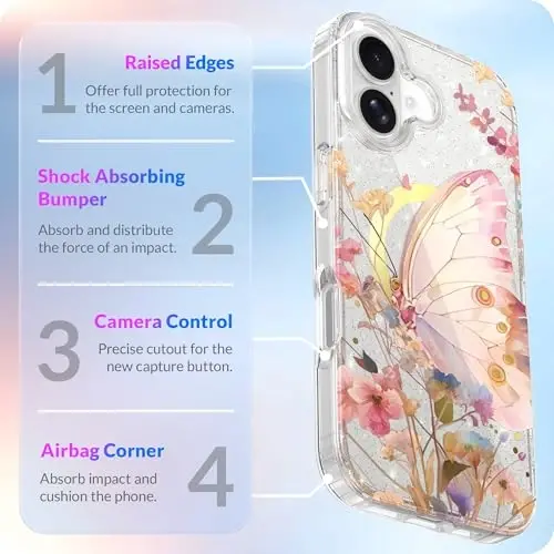 LONLI Hue - iPhone 17 Manyetik Kılıf için - [Magsafe ile Uyumlu] - [Altın Halka] - Kızlar ve Kadınlar için Şeffaf Sevimli Darbeye Dayanıklı Koruyucu Telefon Kapağı - Bahçe Kelebeği - 4