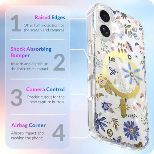 LONLI Hue - iPhone 17 Manyetik Kılıf için - [Magsafe ile Uyumlu] - [Altın Halka] - Kızlar ve Kadınlar için Şeffaf Sevimli Darbeye Dayanıklı Koruyucu Telefon Kapağı - Botanik Bahçesi - 4