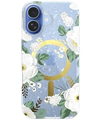 LONLI Hue - iPhone 17 Manyetik Kılıf için - [Magsafe ile Uyumlu] - [Altın Halka] - Kızlar ve Kadınlar için Şeffaf Sevimli Darbeye Dayanıklı Koruyucu Telefon Kılıfı - Beyaz Flora 
