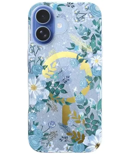 LONLI Hue - iPhone 17 Manyetik Kılıf için - [Magsafe ile Uyumlu] - [Altın Halka] - Kızlar ve Kadınlar için Şeffaf Sevimli Darbeye Dayanıklı Koruyucu Telefon Kılıfı - Mavi Flora - 1