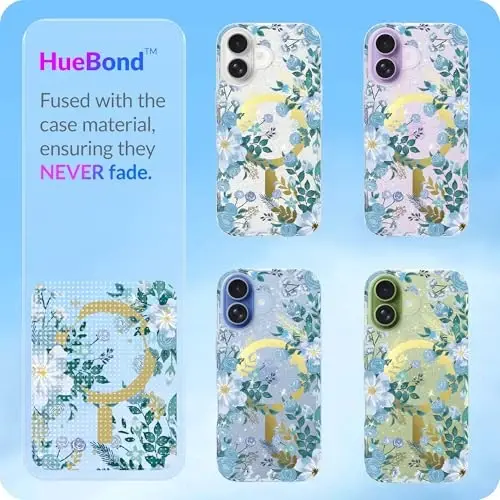 LONLI Hue - iPhone 17 Manyetik Kılıf için - [Magsafe ile Uyumlu] - [Altın Halka] - Kızlar ve Kadınlar için Şeffaf Sevimli Darbeye Dayanıklı Koruyucu Telefon Kılıfı - Mavi Flora - 5