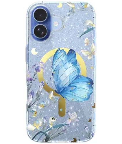 LONLI Hue - iPhone 17 Manyetik Kılıf için - [Magsafe ile Uyumlu] - [Altın Halka] - Kızlar ve Kadınlar için Şeffaf Sevimli Darbeye Dayanıklı Koruyucu Telefon Kılıfı - Mavi Morpho - 1