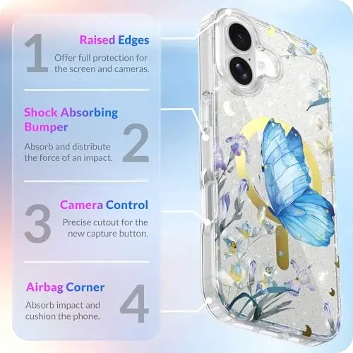 LONLI Hue - iPhone 17 Manyetik Kılıf için - [Magsafe ile Uyumlu] - [Altın Halka] - Kızlar ve Kadınlar için Şeffaf Sevimli Darbeye Dayanıklı Koruyucu Telefon Kılıfı - Mavi Morpho - 4
