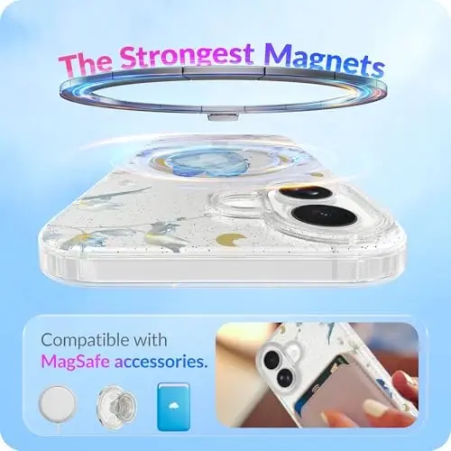 LONLI Hue - iPhone 17 Manyetik Kılıf için - [Magsafe ile Uyumlu] - [Altın Halka] - Kızlar ve Kadınlar için Şeffaf Sevimli Darbeye Dayanıklı Koruyucu Telefon Kılıfı - Mavi Morpho - 5