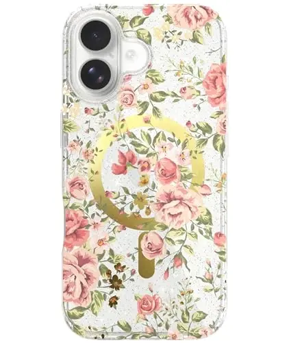LONLI Hue - iPhone 17 Manyetik Kılıf için - [Magsafe ile Uyumlu] - [Altın Halka] - Kızlar ve Kadınlar için Şeffaf Sevimli Darbeye Dayanıklı Koruyucu Telefon Kılıfı - Pembe Bahçe 