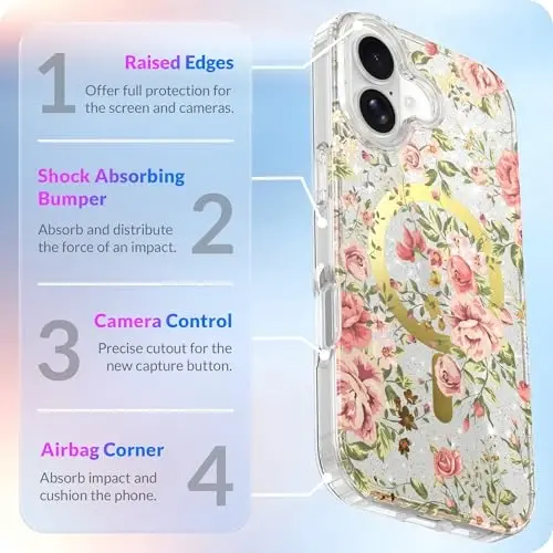 LONLI Hue - iPhone 17 Manyetik Kılıf için - [Magsafe ile Uyumlu] - [Altın Halka] - Kızlar ve Kadınlar için Şeffaf Sevimli Darbeye Dayanıklı Koruyucu Telefon Kılıfı - Pembe Bahçe - 4