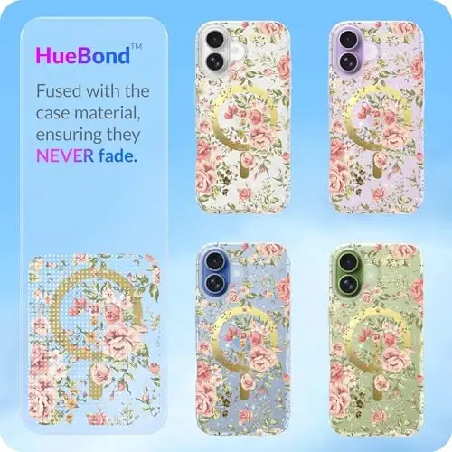 LONLI Hue - iPhone 17 Manyetik Kılıf için - [Magsafe ile Uyumlu] - [Altın Halka] - Kızlar ve Kadınlar için Şeffaf Sevimli Darbeye Dayanıklı Koruyucu Telefon Kılıfı - Pembe Bahçe - 5