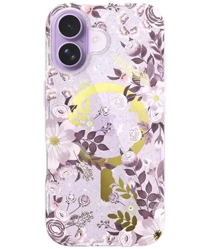 LONLI Hue - iPhone 17 Manyetik Kılıf için - [Magsafe ile Uyumludur] - [Altın Halka] - Kızlar ve Kadınlar için Şeffaf Sevimli Darbeye Dayanıklı Koruyucu Telefon Kapağı - Mor Çiçek 