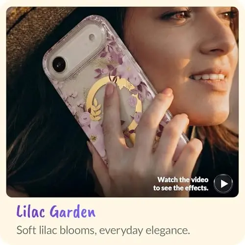 LONLI Hue - iPhone 17 Manyetik Kılıf için - [Magsafe ile Uyumludur] - [Altın Halka] - Kızlar ve Kadınlar için Şeffaf Sevimli Darbeye Dayanıklı Koruyucu Telefon Kapağı - Mor Çiçek - 3