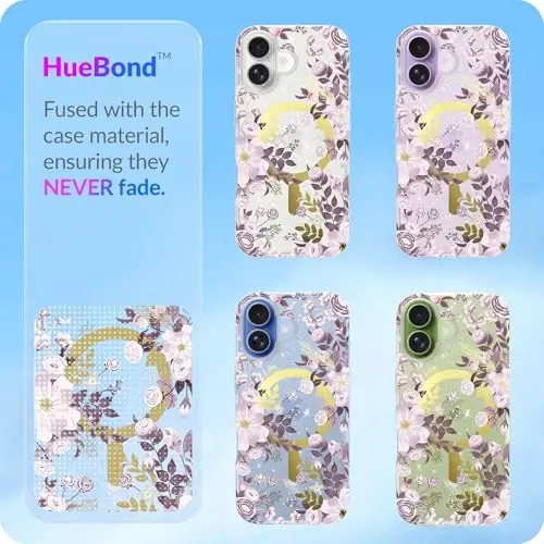 LONLI Hue - iPhone 17 Manyetik Kılıf için - [Magsafe ile Uyumludur] - [Altın Halka] - Kızlar ve Kadınlar için Şeffaf Sevimli Darbeye Dayanıklı Koruyucu Telefon Kapağı - Mor Çiçek - 5