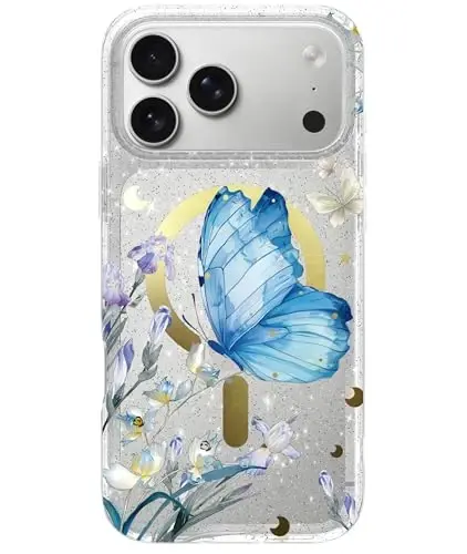 LONLI Hue - iPhone 17 Pro için Manyetik Kılıf - [Magsafe ile Uyumlu] - [Altın Halka] - Kızlar ve Kadınlar için Şeffaf Sevimli Darbeye Dayanıklı Koruyucu Telefon Kılıfı - Mavi Morpho - 1