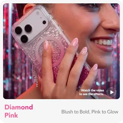 LONLI Hue - Prism Diamond Series Case for iPhone 17 Pro, Rose Pink Diamond-Shimmer Protective Phone Case for Girls and Women, Clear TPU with Powerful Magnetic Ring for Magsafe - 3