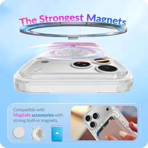 LONLI Hue - Prism Diamond Series Case for iPhone 17 Pro, Rose Pink Diamond-Shimmer Protective Phone Case for Girls and Women, Clear TPU with Powerful Magnetic Ring for Magsafe - 4