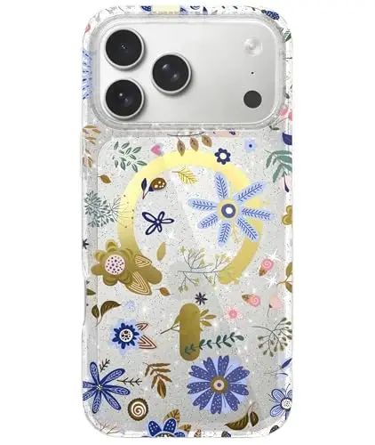 LONLI Hue - iPhone 17 Pro Magnit G‘ilof uchun - [Magsafe bilan mos keladi] - [Oltin Halqa] - Qizlar va Ayollar uchun Shaffof Yoqimli Zarbga Chidamli Himoya Telefon G‘ilofi - Botanika Bog‘i 