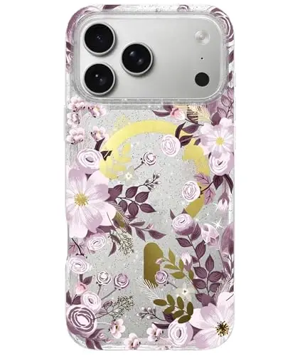 LONLI Hue - iPhone 17 Pro Manyetik Kılıf için - [Magsafe ile Uyumlu] - [Altın Halka] - Kızlar ve Kadınlar için Şeffaf Sevimli Darbeye Dayanıklı Koruyucu Telefon Kılıfı - Mor Çiçek 