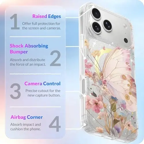 LONLI Hue - iPhone 17 Pro Max için Mıknatıslı Kılıf - [Magsafe ile Uyumlu] - [Altın Halka] - Kızlar ve Kadınlar için Şeffaf Sevimli Darbeye Dayanıklı Koruyucu Telefon Kılıfı - Bahçe Kelebeği - 4
