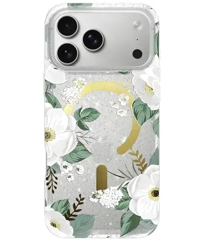 LONLI Hue - iPhone 17 Pro Max Manyetik Kılıf - [Magsafe ile Uyumlu] - [Altın Halka] - Kızlar ve Kadınlar için Şeffaf Sevimli Darbeye Dayanıklı Koruyucu Telefon Kılıfı - Beyaz Flora 