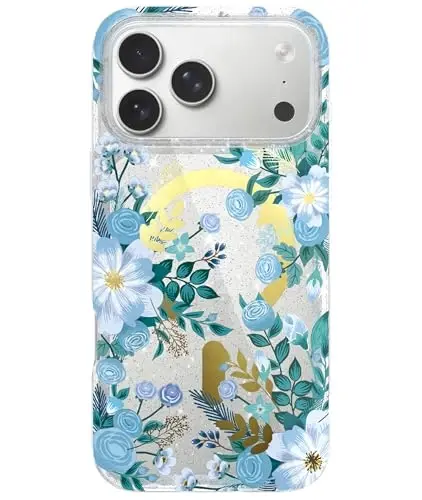 LONLI Hue - iPhone 17 Pro Max Manyetik Kılıf - [Magsafe ile Uyumlu] - [Altın Halka] - Kızlar ve Kadınlar için Şeffaf Sevimli Darbeye Dayanıklı Koruyucu Telefon Kılıfı - Mavi Flora - 1