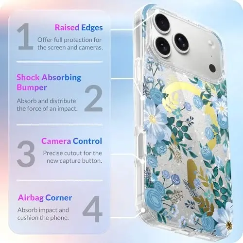 LONLI Hue - iPhone 17 Pro Max Manyetik Kılıf - [Magsafe ile Uyumlu] - [Altın Halka] - Kızlar ve Kadınlar için Şeffaf Sevimli Darbeye Dayanıklı Koruyucu Telefon Kılıfı - Mavi Flora - 4