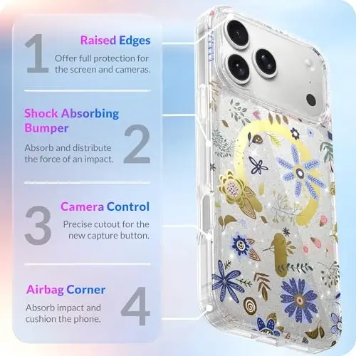 LONLI Hue - iPhone 17 Pro Max uchun magnit g‘ilof - [Magsafe bilan mos keladi] - [Oltin halqa] - Qizlar va ayollar uchun shaffof yoqimli zarbaga chidamli himoya telefon g‘ilofi - Botanika bog‘i - 4