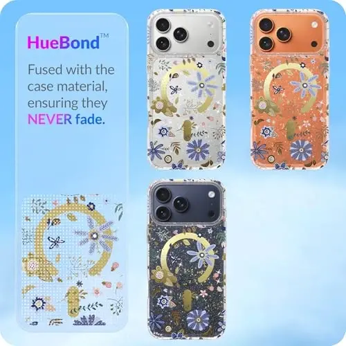 LONLI Hue - iPhone 17 Pro Max uchun magnit g‘ilof - [Magsafe bilan mos keladi] - [Oltin halqa] - Qizlar va ayollar uchun shaffof yoqimli zarbaga chidamli himoya telefon g‘ilofi - Botanika bog‘i - 5